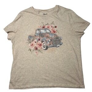 Fleurish Women‎ XL Heather Oatmeal Floral Vintage Truck Graphic T-Shirt Cotton